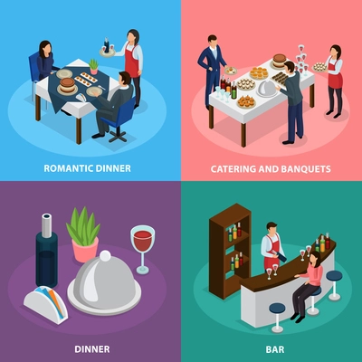 Catering service concept 4 isometric icons square with banquet buffet bar engagement romantic dinner isolated vector illustration