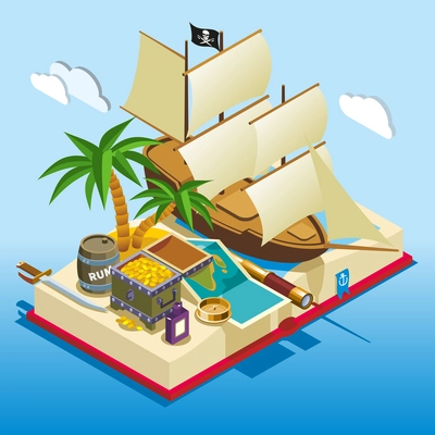 Pirate elements on open book isometric game composition on blue gradient background vector illustration