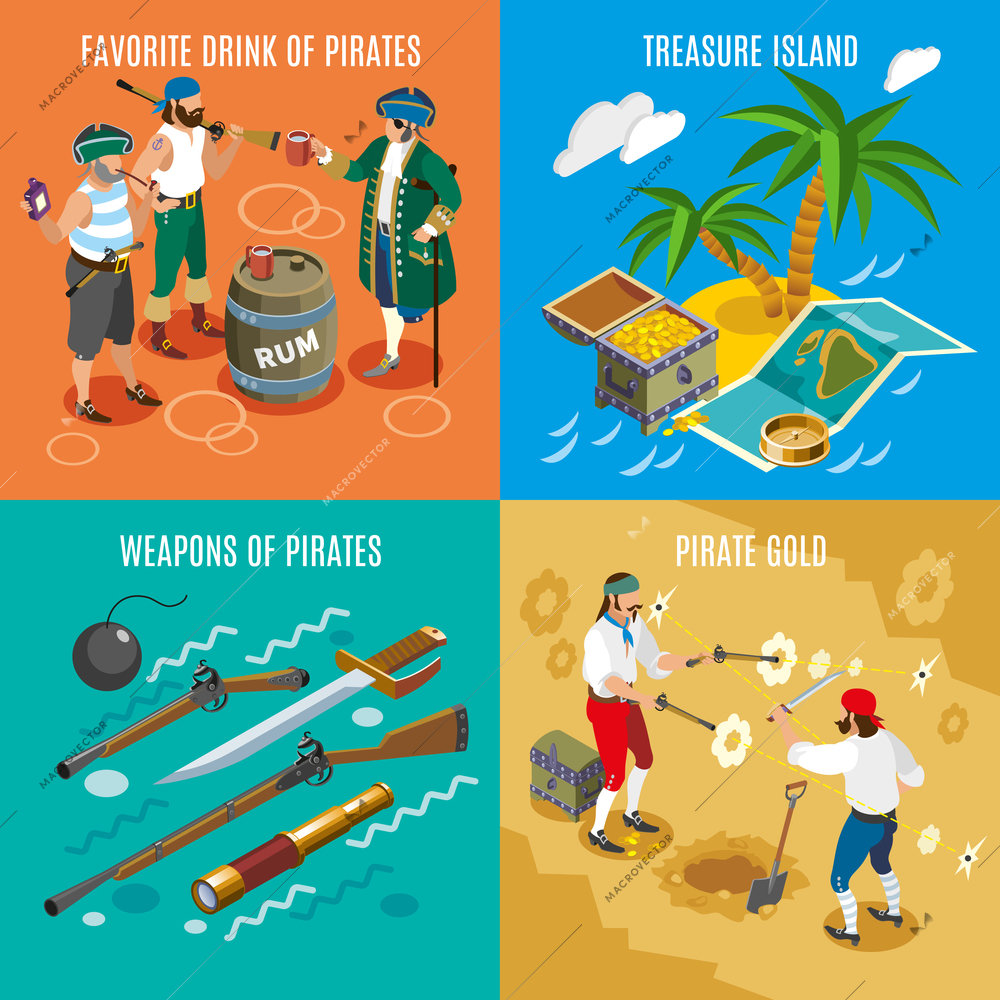 Pirates isometric design concept with favorite drink rum, treasure island, weapons, fight for gold isolated vector illustration