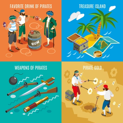 Pirates isometric design concept with favorite drink rum, treasure island, weapons, fight for gold isolated vector illustration