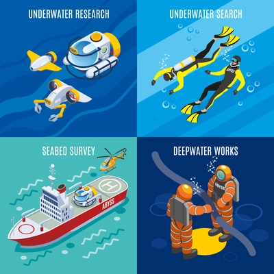Undersea depths research isometric concept with underwater search, sea bed survey, deep water works isolated vector illustration