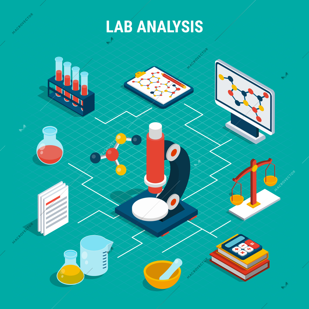 Medical lab analysis equipment isometric flowchart on blue background 3d vector illustration