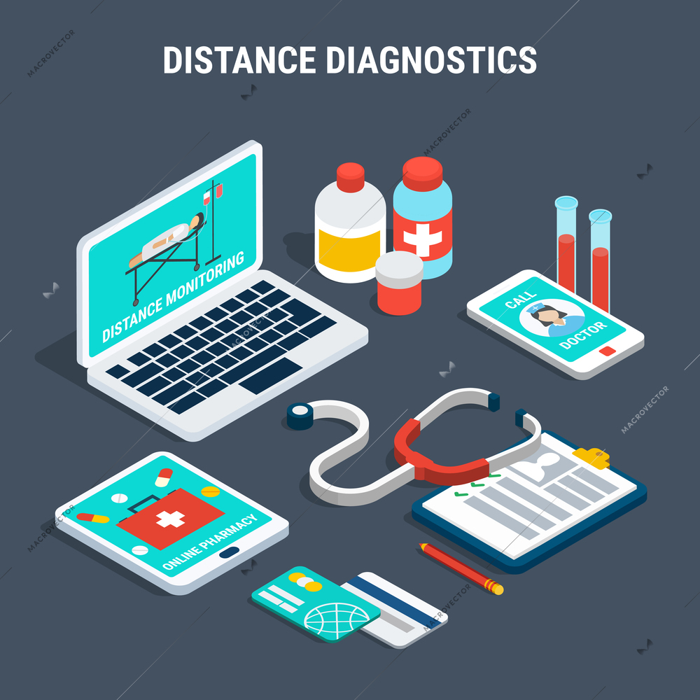 Isometric set with medical equipment for distance diagnostics isolated on grey background 3d vector illustration