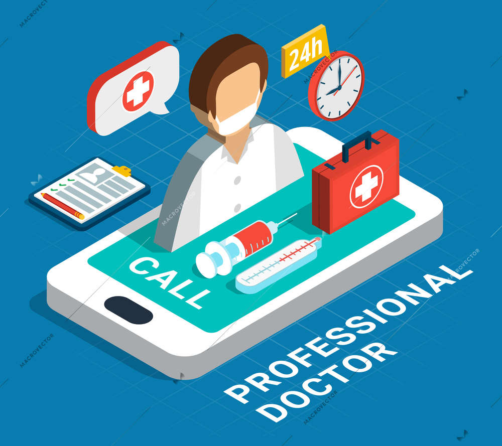 Calling professional doctor for consultation medical aid service concept on blue background 3d isometric vector illustration