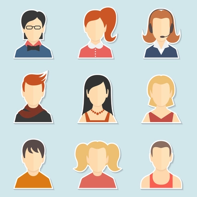 Trendy face avatar icons worldwide computer web users profile and forums participants collection isolated vector illustration