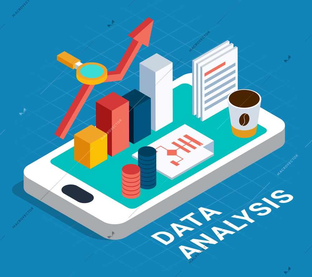 Data analysis abstract poster with algorithm magnifier cup of coffee isometric icons placed on smartphone screen vector illustration