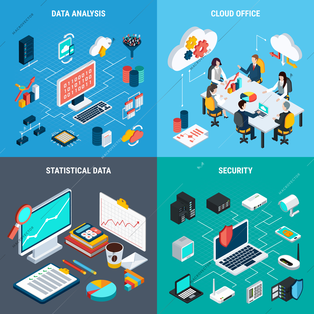 Big data 2x2 design concept set of cloud office data analysis security and statistic square icons isometric vector illustration