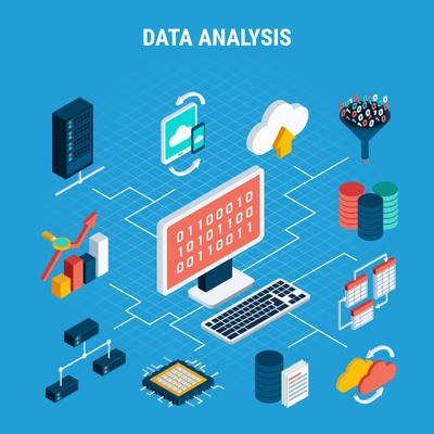 Data analysis isometric flowchart illustrated cloud exchange of digital big data by network technologies vector illustration