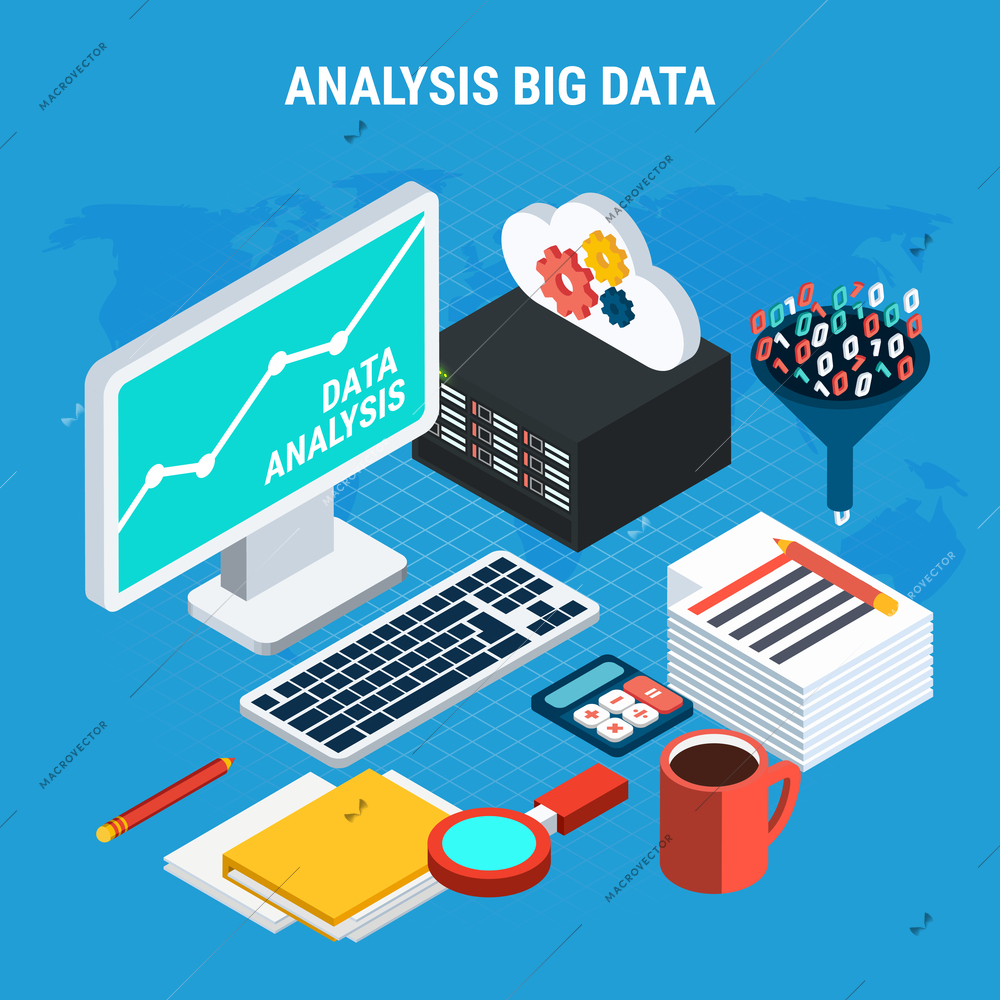 Big data analysis isometric design concept with computer with cloud settings server and accessories of user workplace vector illustration