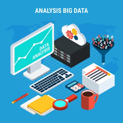 Big data analysis isometric design concept with computer with cloud settings server and accessories of user workplace vector illustration