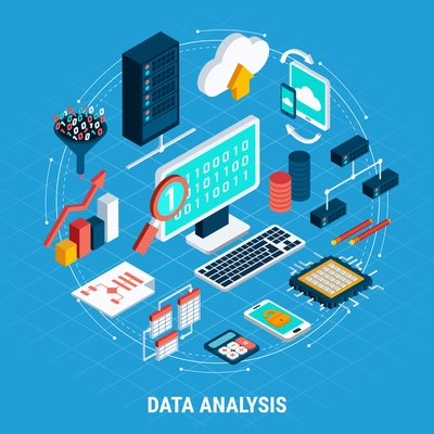 Data analysis isometric icons set of digital volume network exchange cloud storage related database tables vector illustration