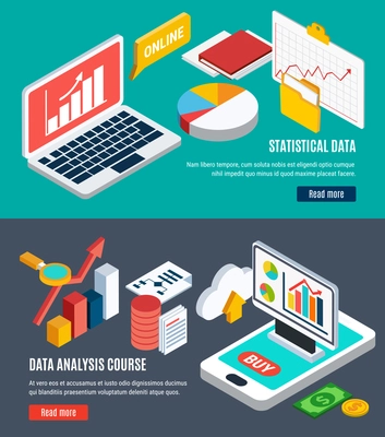 Data analysis horizontal banners with online statistical data and dynamics of currency course graphs and diagrams isometric icons vector illustration