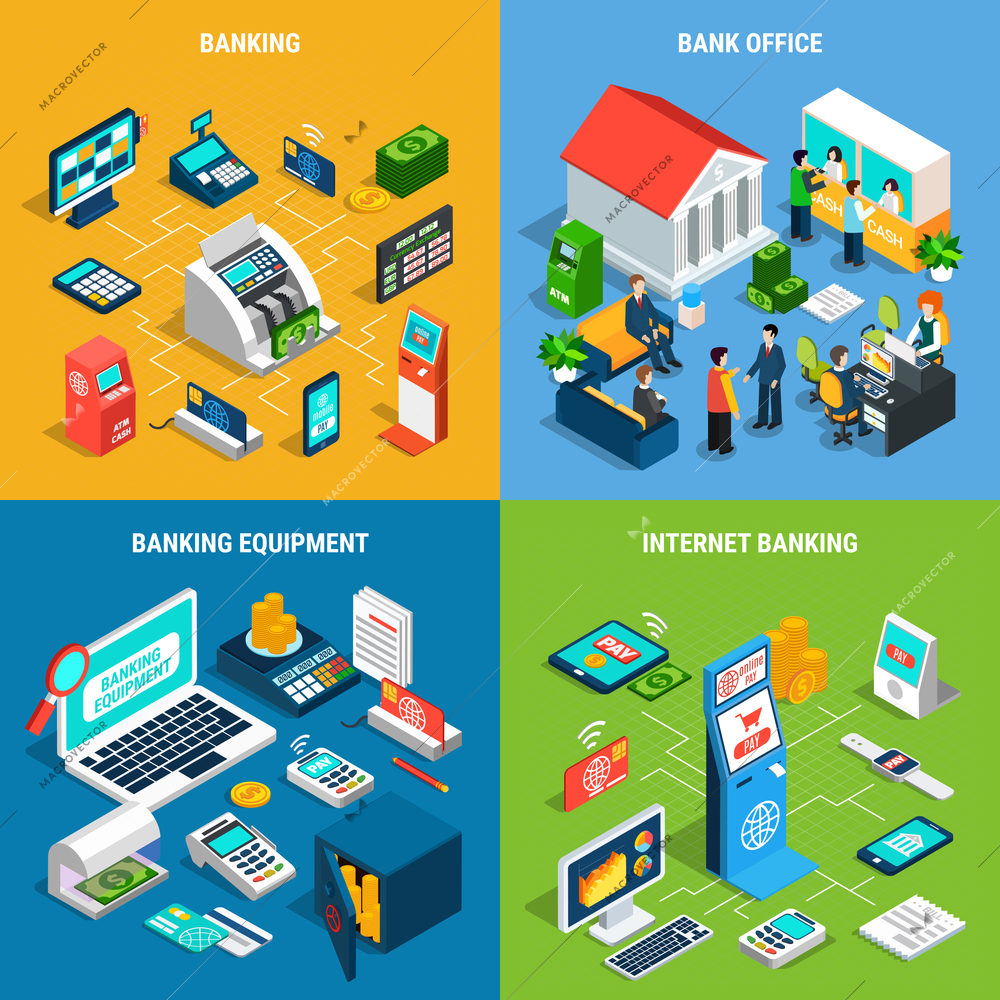 Banking isometric design concept with office interior and staff, professional equipment, online payment service isolated vector illustration