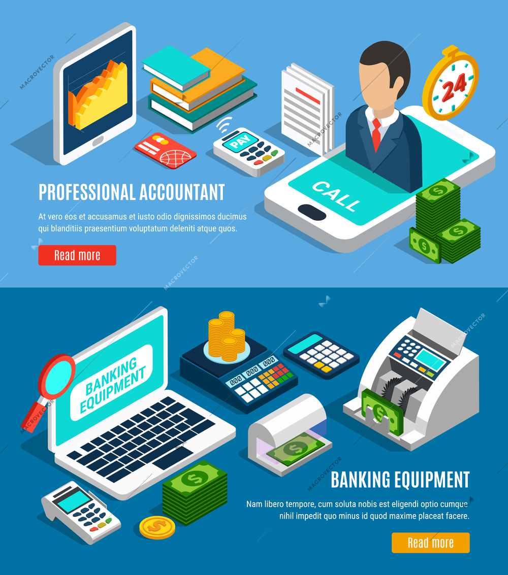 Set of horizontal isometric banners on blue background with banking equipment and professional accountant isolated vector illustration