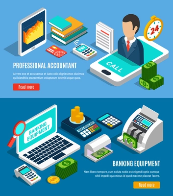 Set of horizontal isometric banners on blue background with banking equipment and professional accountant isolated vector illustration