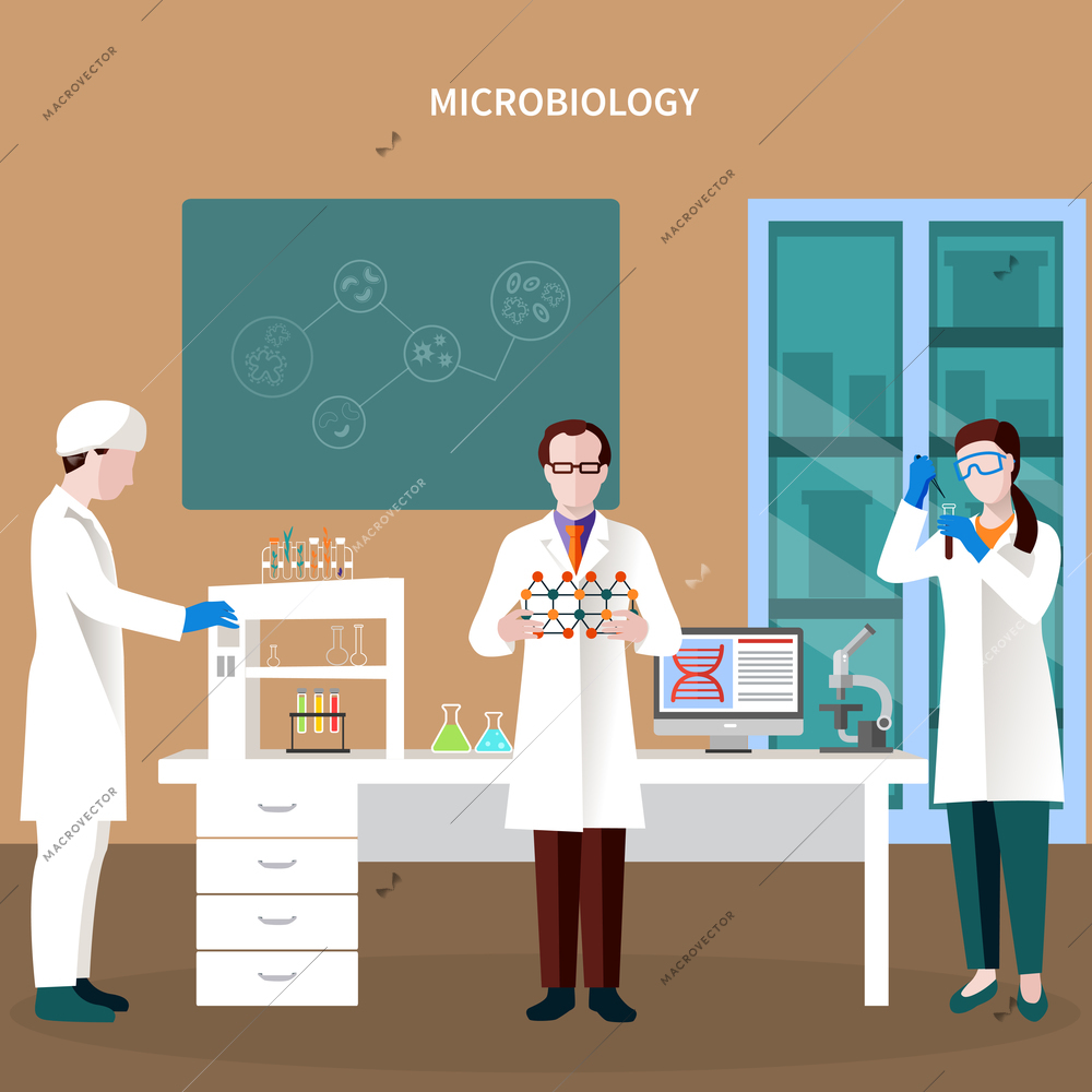 Scientists people flat composition with three persons working in lab and microbiology headline vector illustration