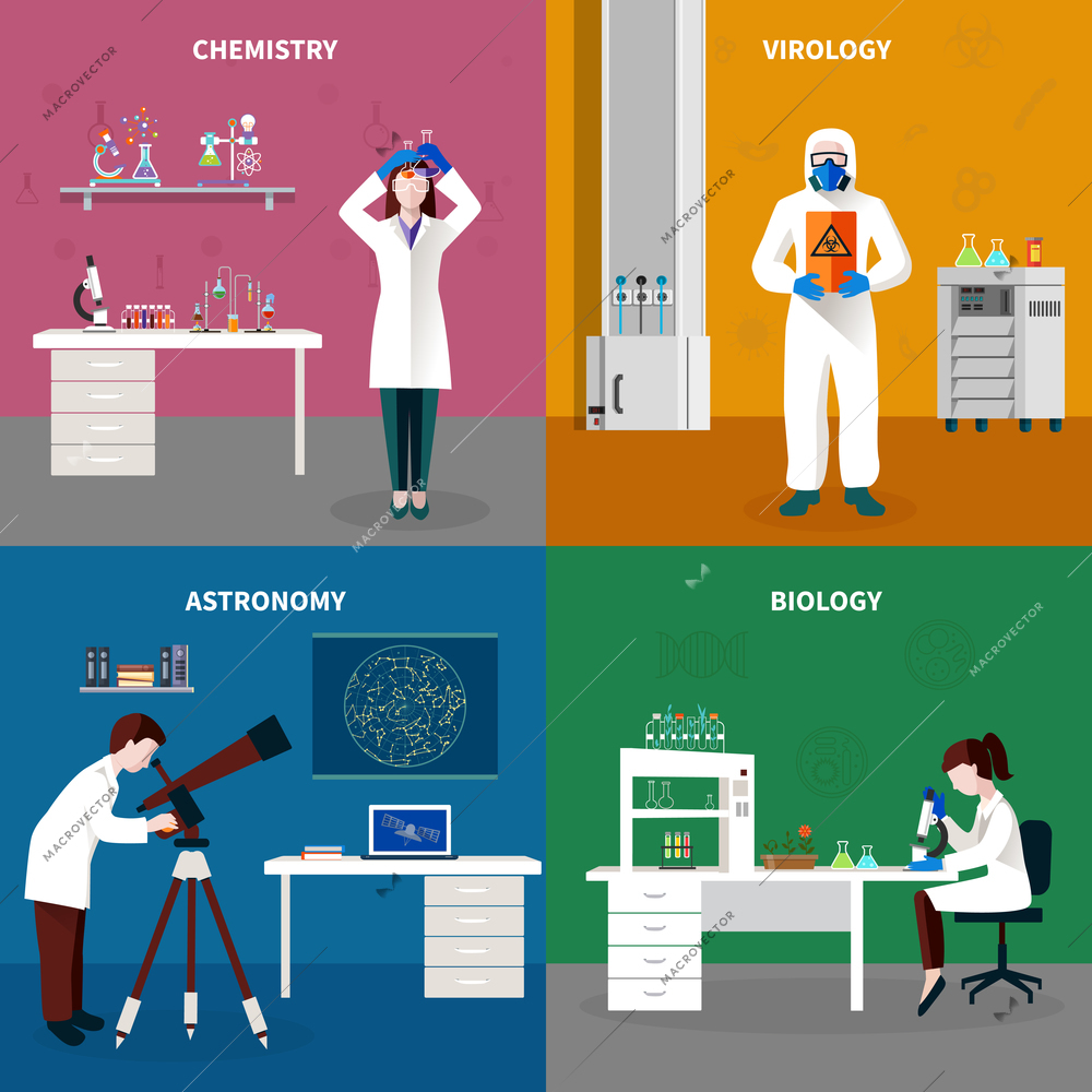 Four scientists people concept set with chemistry virology astronomy and biology descriptions vector illustration