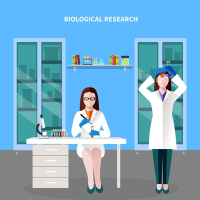 Scientists people colored composition with two scientists in the laboratory spend a biological research vector illustration