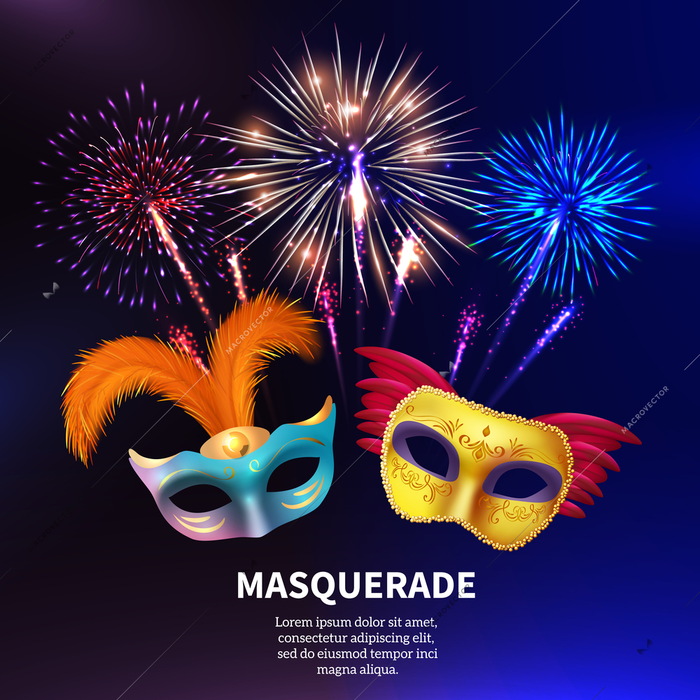 Fireworks background composition with editable text and realistic images of two colourful carnival masks with feathers vector illustration