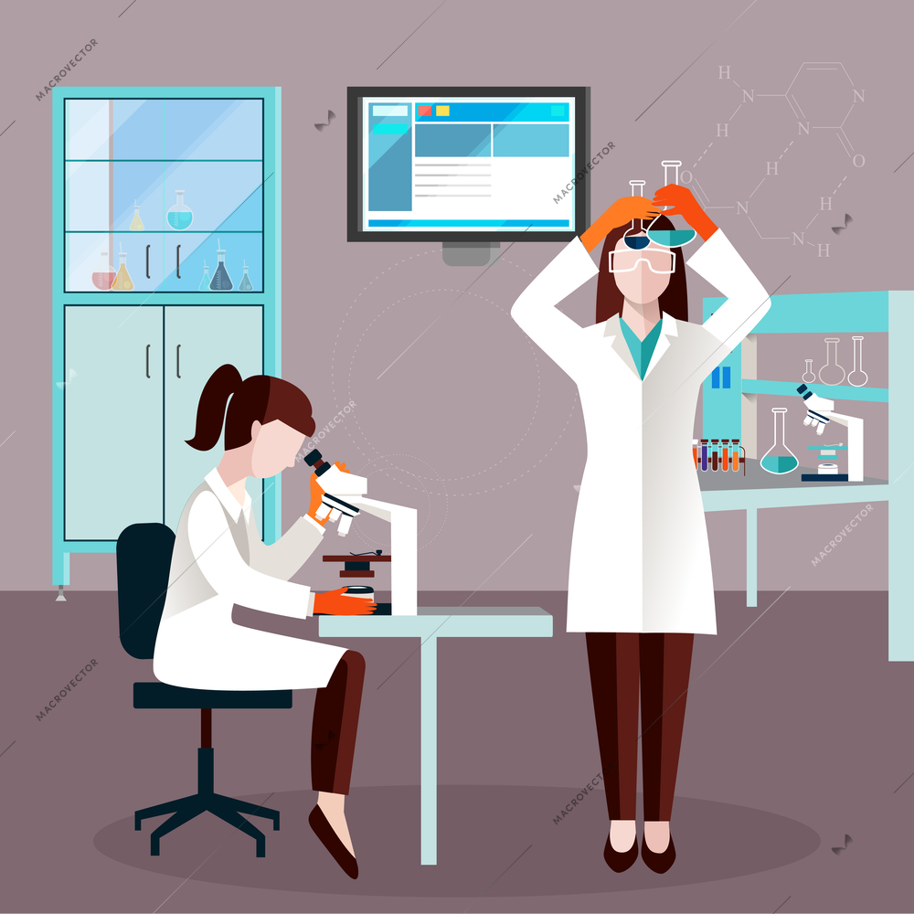 Flat scientists people composition with two employees in laboratory study the liquid in the flasks vector illustration