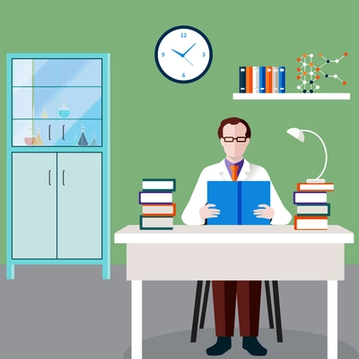 Scientists people composition with man at the table in his office studies professional literature vector illustration