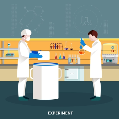 Two colored flat scientists people composition conducting an experiment in a lab vector illustration