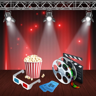 Realistic cinema background with spotlights clapboard 3d glasses tickets on wooden surface vector illustration