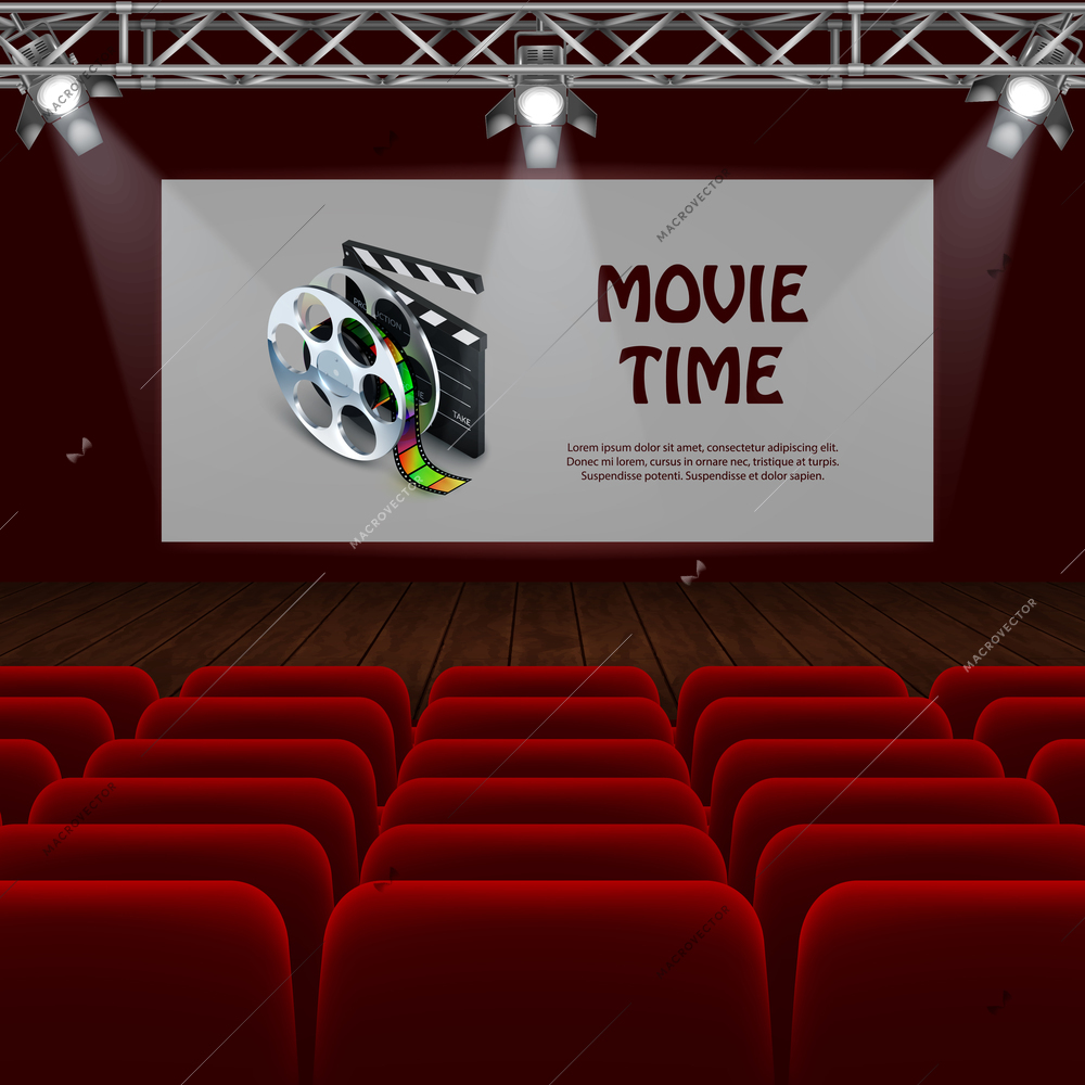 Movie time realistic background with big screen and empty seats in cinema vector illustration