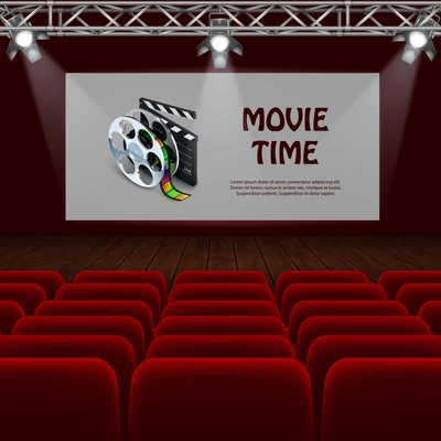 Movie time realistic background with big screen and empty seats in cinema vector illustration