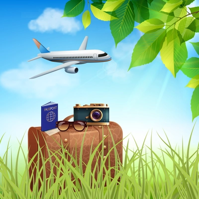 Summer holidays realistic colored concept airplane with tourists flies on a suitcase standing in the grass vector illustration