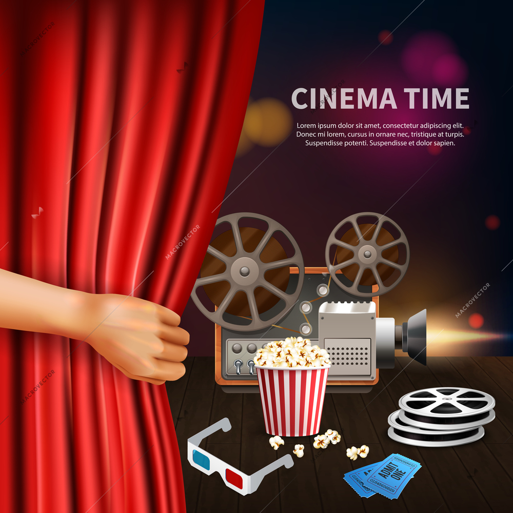 Realistic cinema time background with 3d glasses camcorder reels tickets and tickets vector illustration