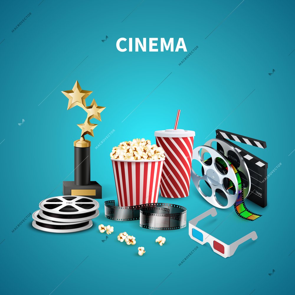 Blue cinema background with trophy clapboard popcorn 3d glasses film strip and reels realistic vector illustration