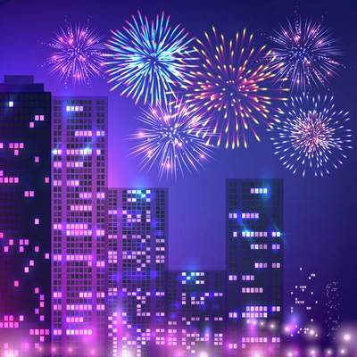 Fireworks composition of urban scenery with multistorey buildings apartment houses and fireworks on night sky vector illustration