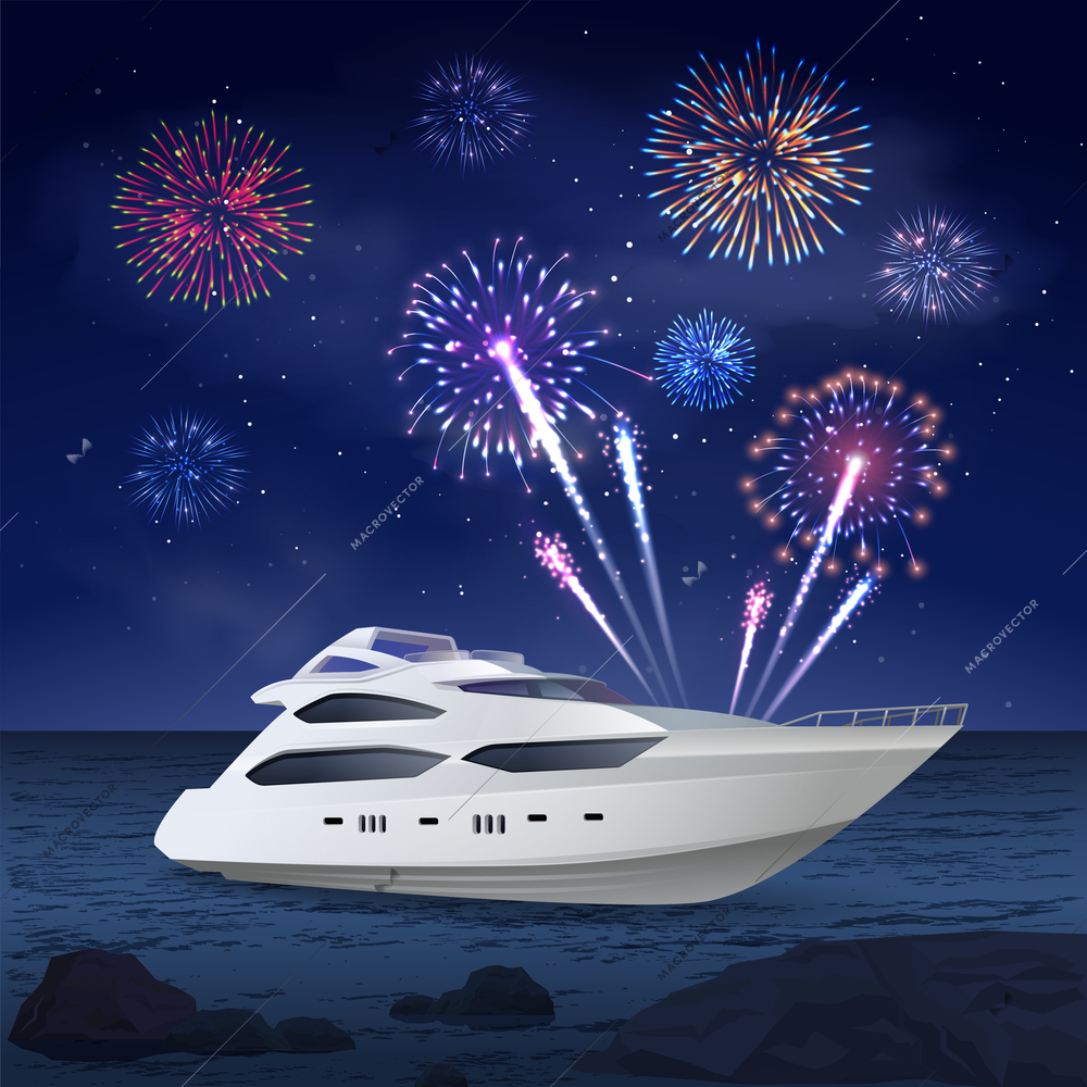 Fireworks composition of night sea landscape and images of boat and firework spots in night sky vector illustration