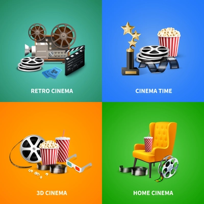 Realistic cinema 2x2 design concept with different objects for watching and making movies isolated on colorful background vector illustration