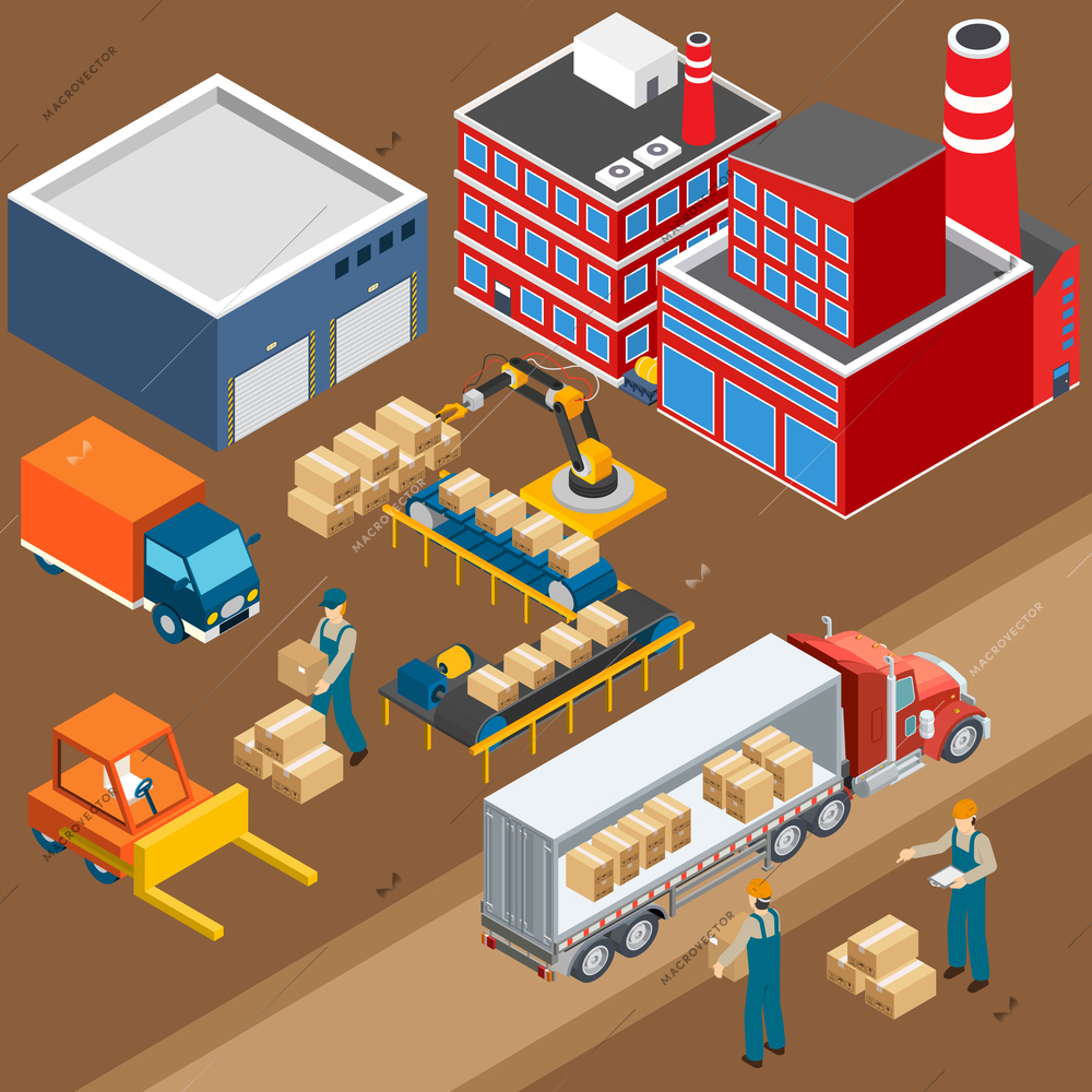 Industrial machines isometric composition with images of plant and warehouse buildings trucks and workers with packages vector illustration