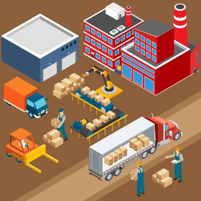 Industrial machines isometric composition with images of plant and warehouse buildings trucks and workers with packages vector illustration