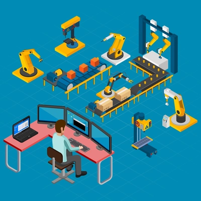 Industrial machines isometric composition of human guided operating console and set of electronic manipulators and conveyors vector illustration