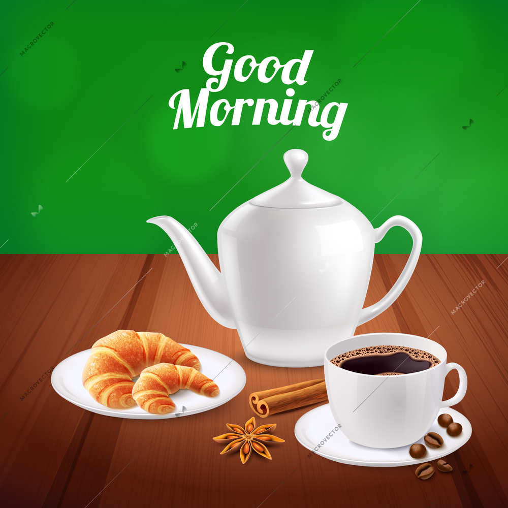 Realistic background with served breakfast on wooden table with cup of coffee and croissants vector illustration