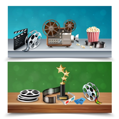 Realistic colorful set of two horizontal cinema banners with trophy reels clapboard camcorder popcorn bucket tickets isolated vector illustration