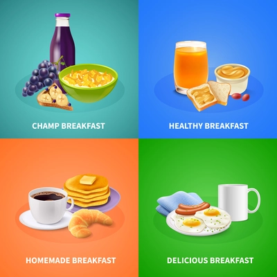 Various types of delicious breakfast 2x2 design concept on colorful background realistic isolated vector illustration