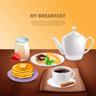 Breakfast realistic background with coffee pot cup of coffee pancakes and doughnuts vector illustration