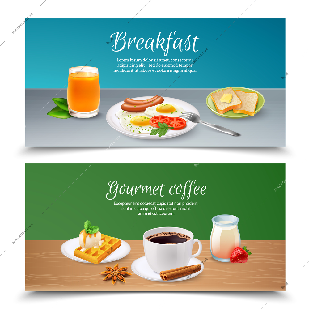 Realistic set of two horizontal banners with served tasty breakfast realistic isolated vector illustration