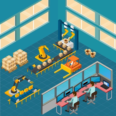 Industrial machines isometric composition with indoor view of shop floor with packaging conveyor and operating console vector illustration