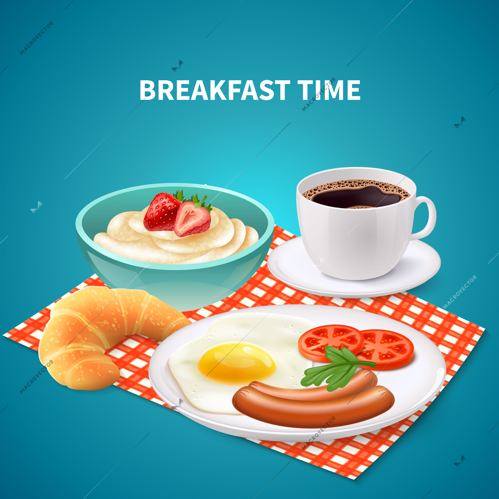 Realistic breakfast time background with porridge eggs sausages croissant and coffee on checked napkin vector illustration