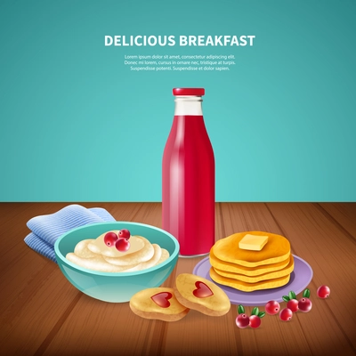 Delicious sweet pancakes with butter porridge and jam served for breakfast realistic background vector illustration