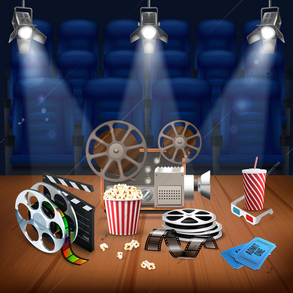 Realistic background with different objects for shooting and watching movies and empty seats in cinema vector illustration