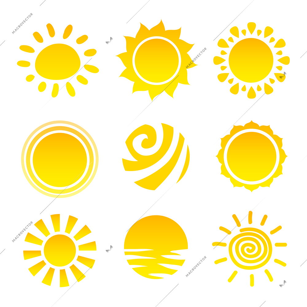 Sun light summer heat yellow beam stars icons set isolated vector illustration