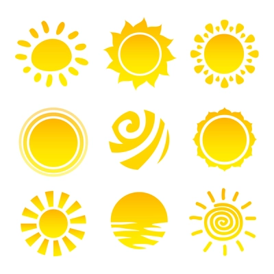 Sun light summer heat yellow beam stars icons set isolated vector illustration