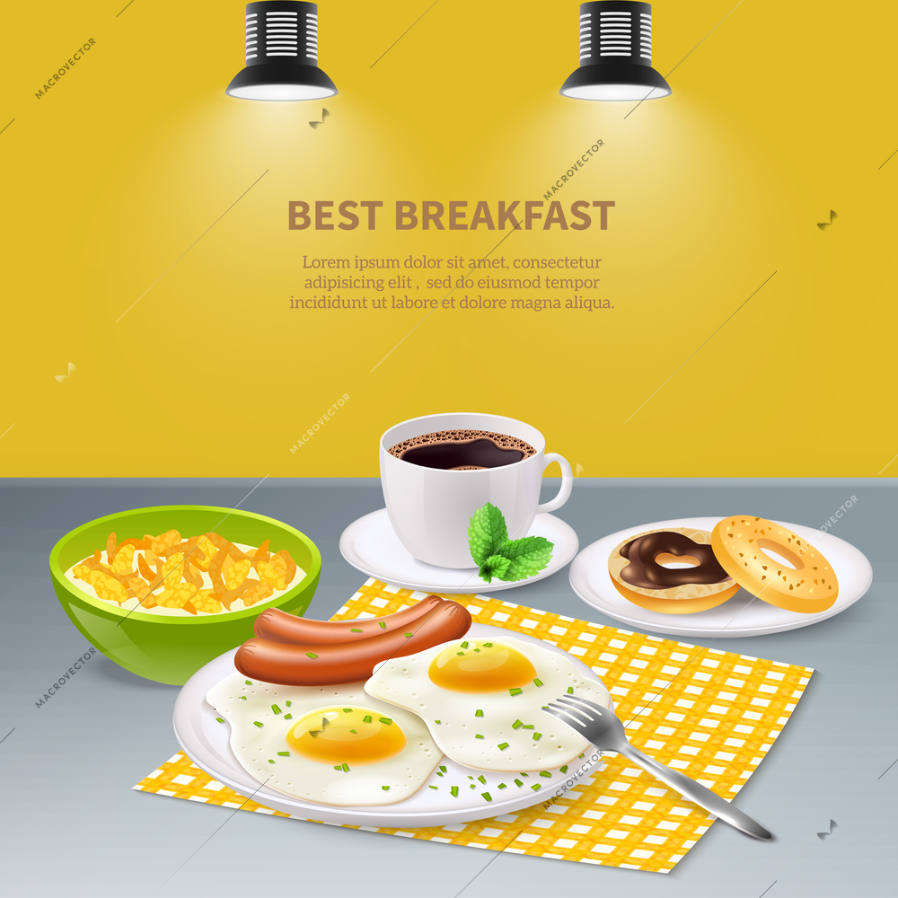 Best tasty breakfast with eggs sausages flakes donuts and coffee on grey table realistic background vector illustration